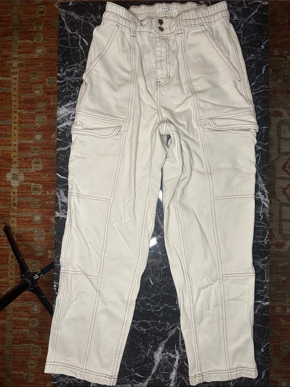 PacSun M Cream Cargo Jeans Elastic Waist Contrast Stitch Y2K Utility Pants